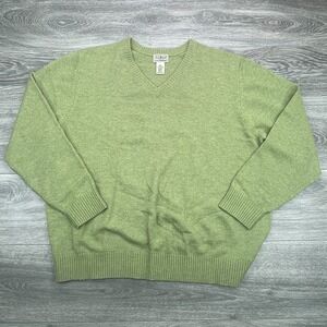 LL Bean Sweater Mens Large Green V Neck Lambswool Nylon Pullover Grandpa Vintage